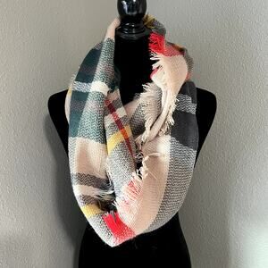Plaid Multicolor Frayed Edge Oversize Infinity Scarf Unisex Fall Winter Layer